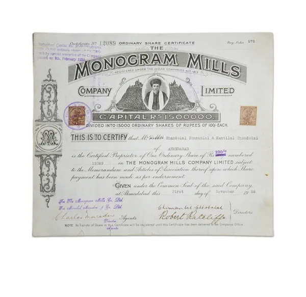 Monogram Mills Share Certificate 1928-1959_Front