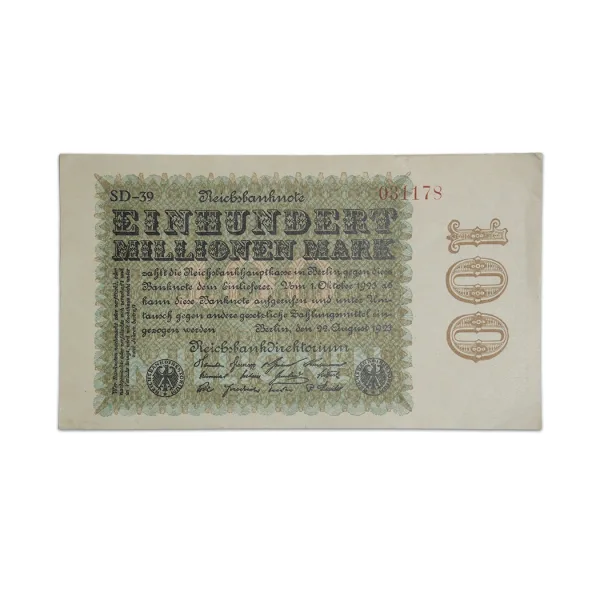 Germany 100 Million Mark Banknote 1923 Older than 100 years banknote_Front