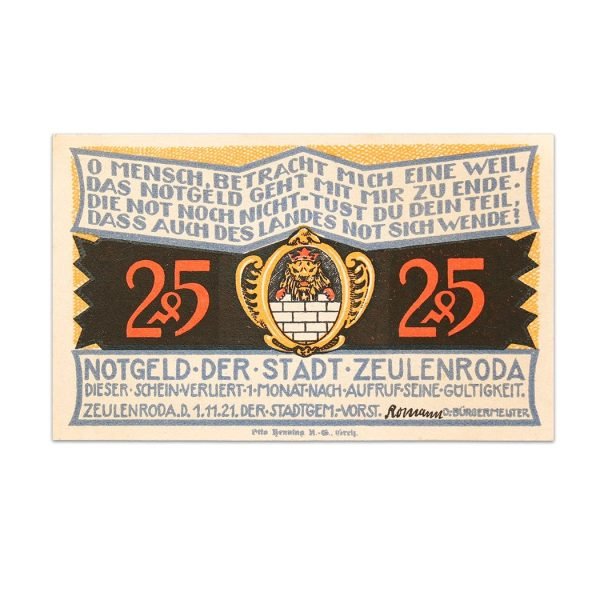 Germany 25 pfenning 1921 Notgeld - City of Zeulenroda_front