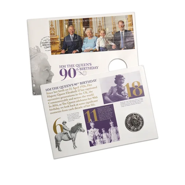 Queen Elizabeth II 90th Birthday 2016 5£ Official Royal mint BU Coin with Stamps_Front